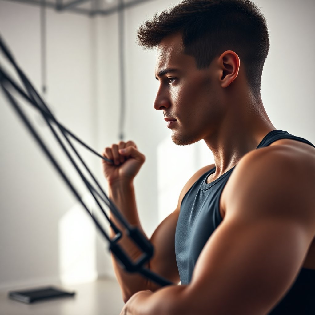 Cinematic close-up of a professional athlete during a physical therapy session, using resistance bands, bright minimalist studio with soft natural light, professional medical environment, high detail, 8k, clean composition.