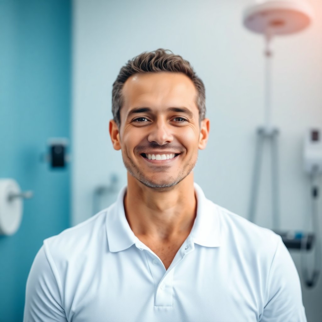 Portrait of a friendly male physiotherapist in a white polo shirt, smiling, professional clinic background, blurred medical equipment, 8k.